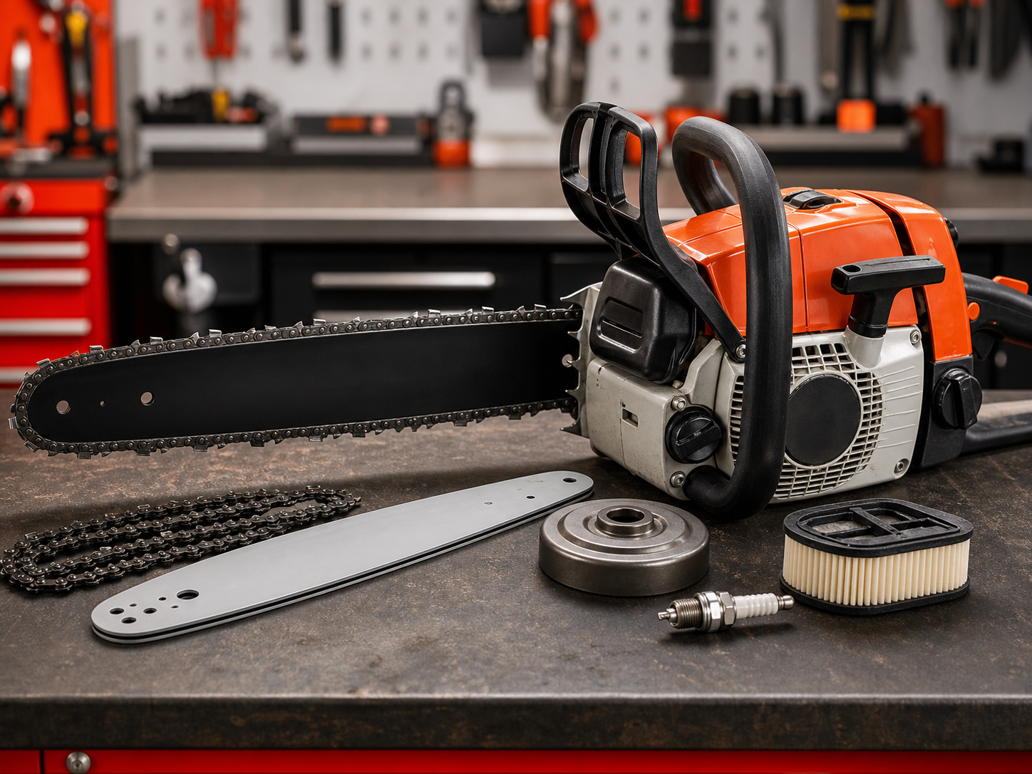 Chainsaw with chain and guide bar spares