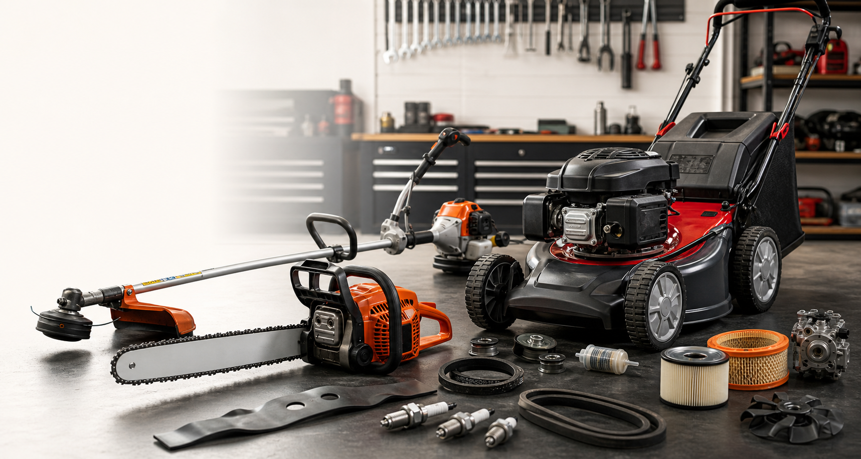 Mower, strimmer, chainsaw, and garden machinery spare parts on a workshop bench
